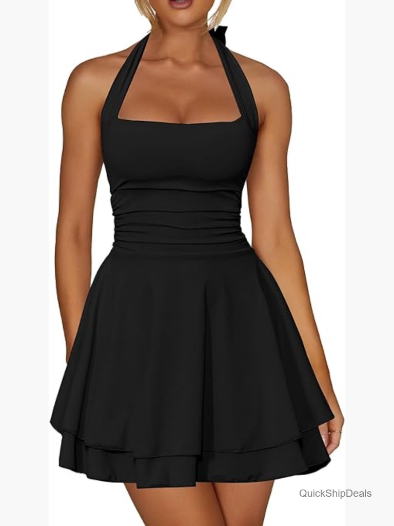 Halter Ruffle Hem Mini Dress Ruched Waist Corset Short Party Dress